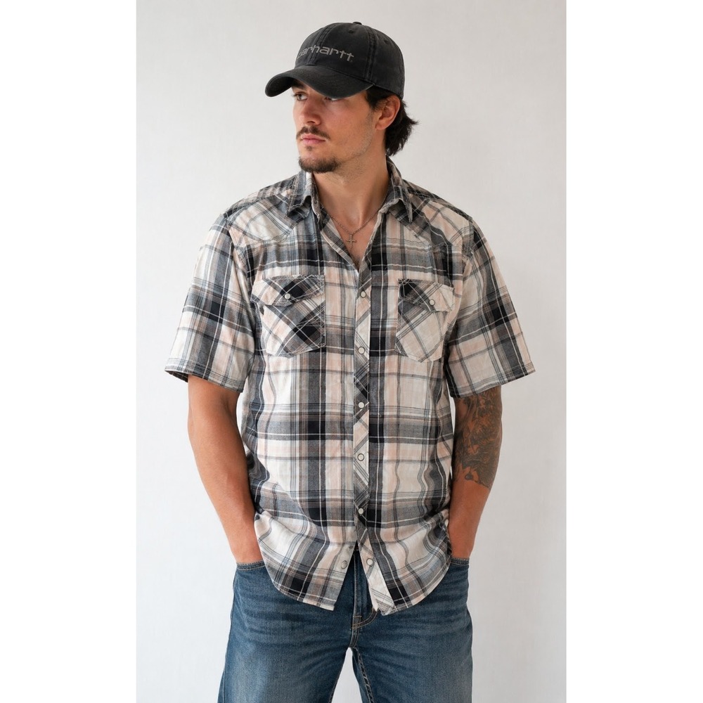 BKE Athletic Fit‎ Plaid Western Pearl Snap Short Sleeve Shirt L Country Costal